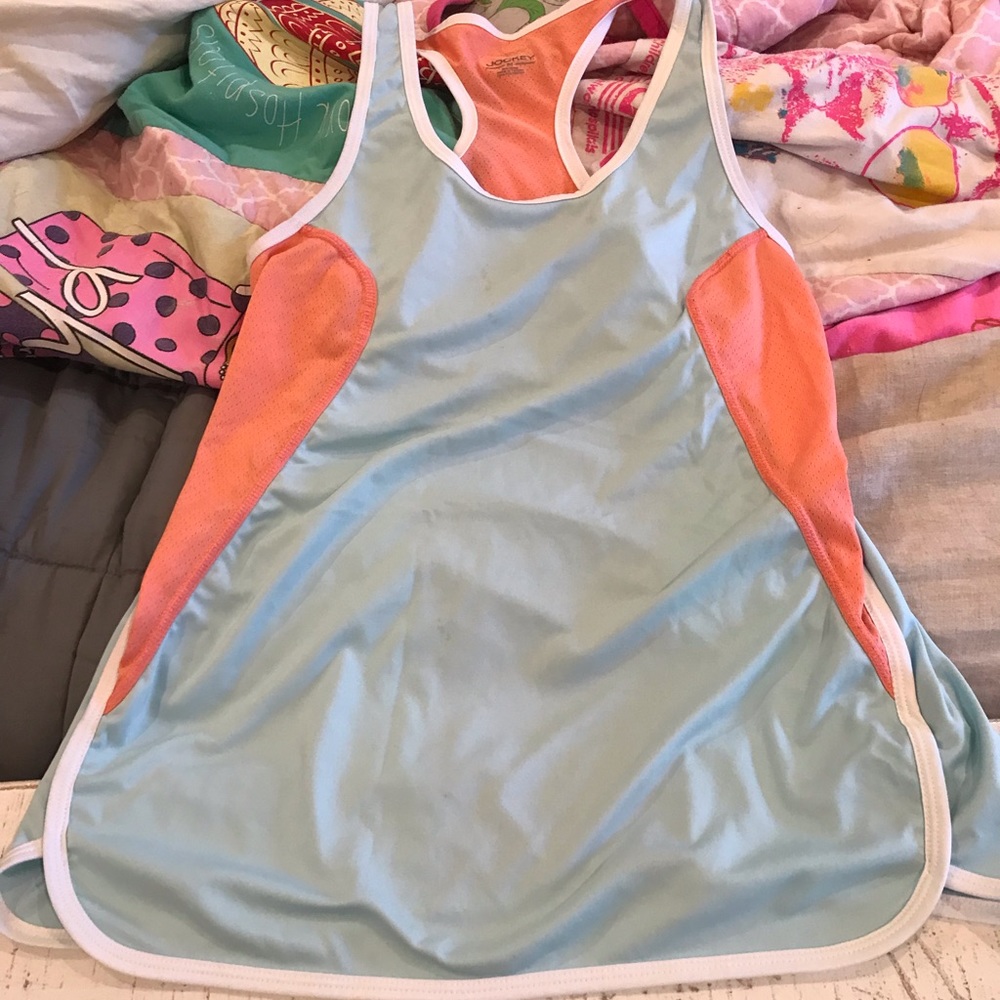 Light blue and coral razor back workout top